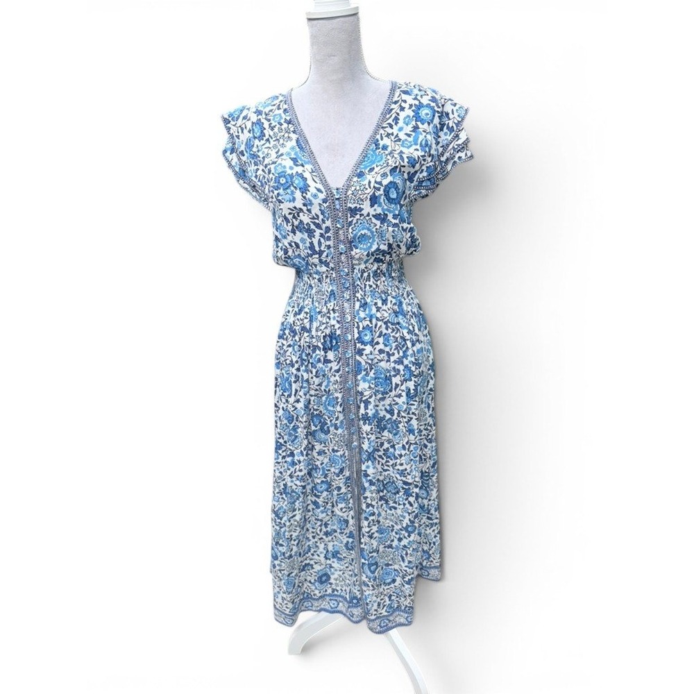 Poupette St Barth Dress Womens S White Blue Boho Chic Floral Coastal Romantic - Picture 2 of 8